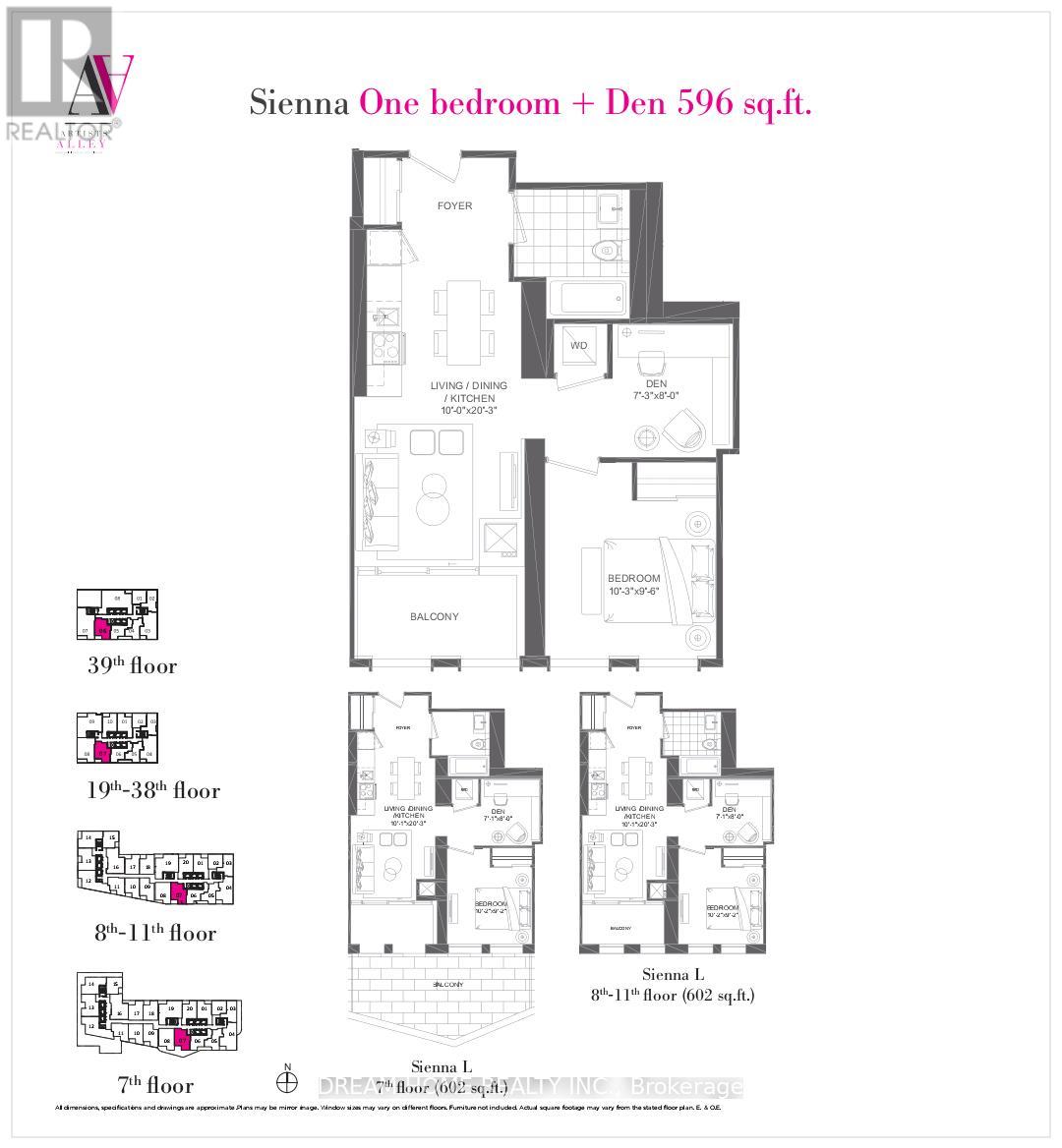 A floor plan for Sienna One bedroom + Den 596 sq.ft. is displayed.
