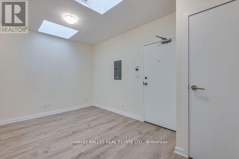 A room with a white door and a skylight.