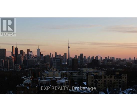A cityscape with buildings and a tower in the background with EXP REALTY Brokerage written on the bottom.