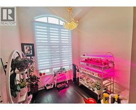 A room with a chandelier, a shelf with plants, and a grow light.