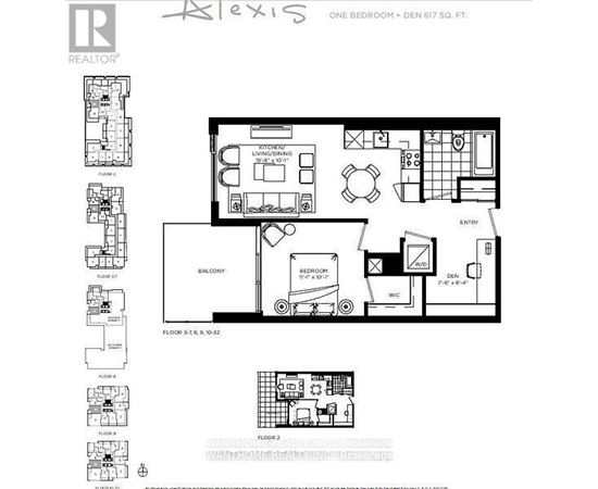 A floor plan for a one bedroom, den 617 square foot apartment.