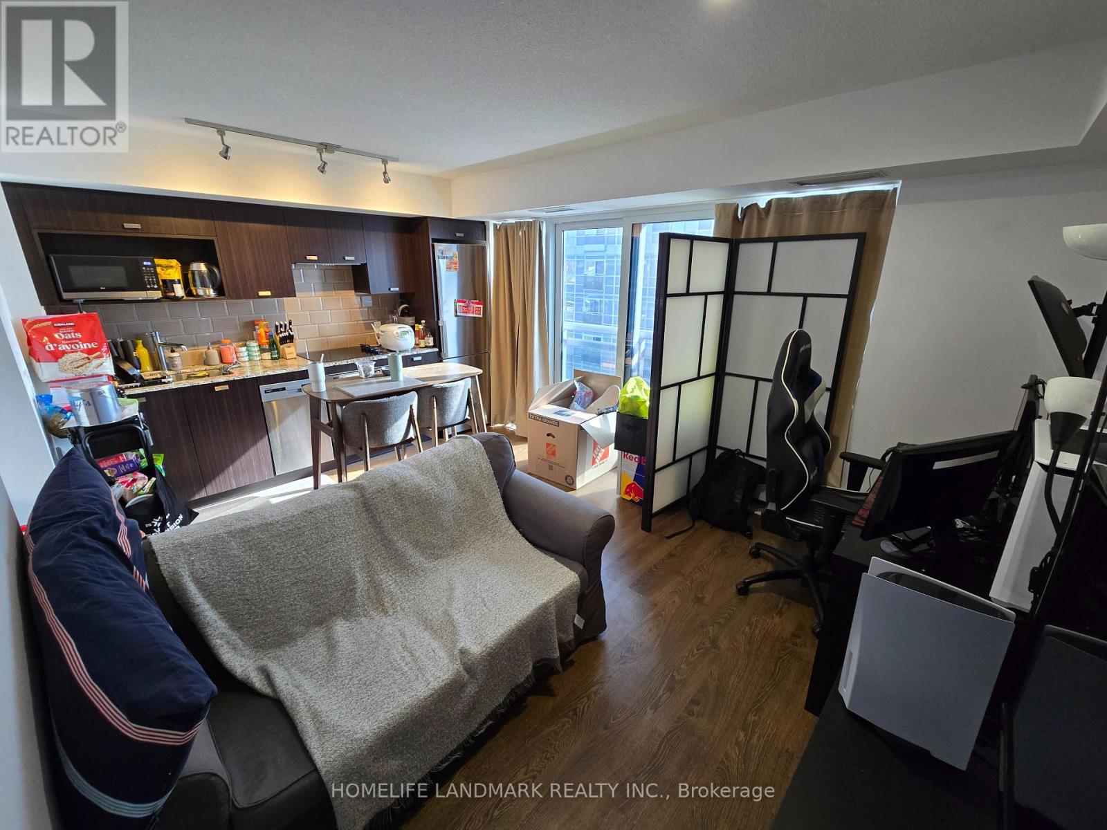 A living room with a couch and a dining table.