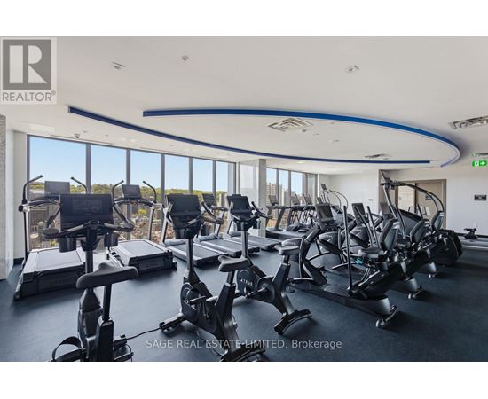 A gym with a row of treadmills and elliptical machines.
