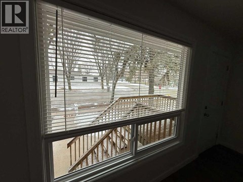 A window with blinds showing a snowy landscape outside.