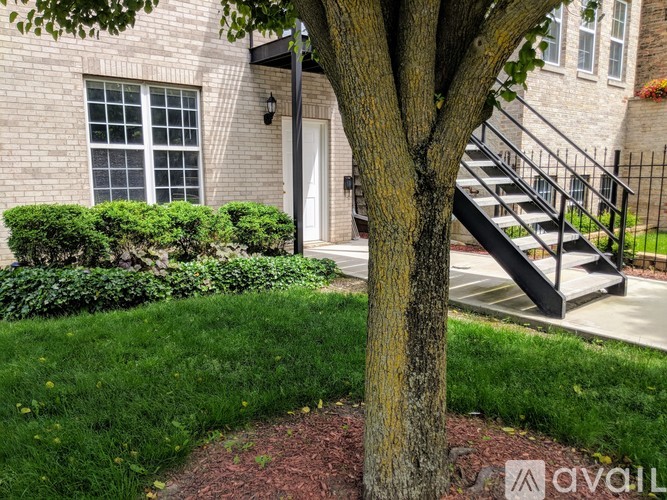 A tree in front of a house with a black metal staircase.
