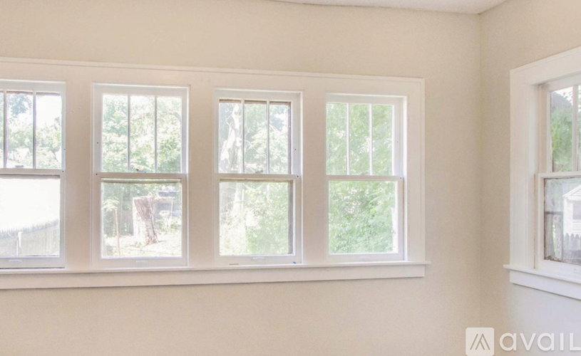 Three windows in a room with trees visible outside.