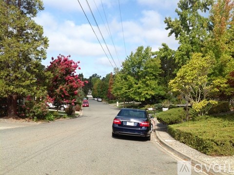 A car is parked on the side of a street lined with trees.