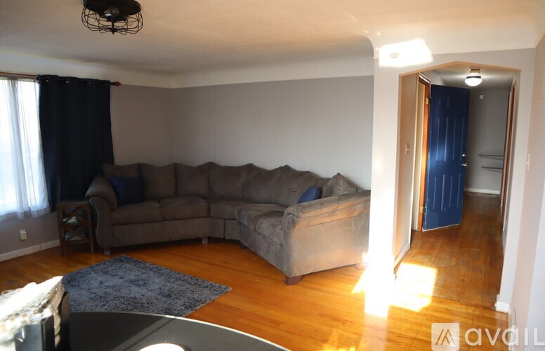 A living room with a grey sectional sofa and a dark blue rug.