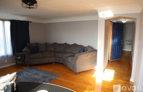 A living room with a grey sectional sofa and a dark blue rug.