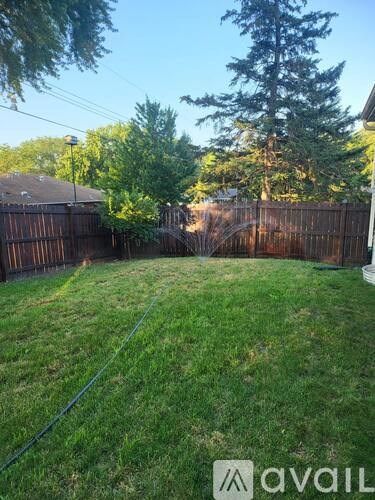 A backyard with a wooden fence and a green lawn.