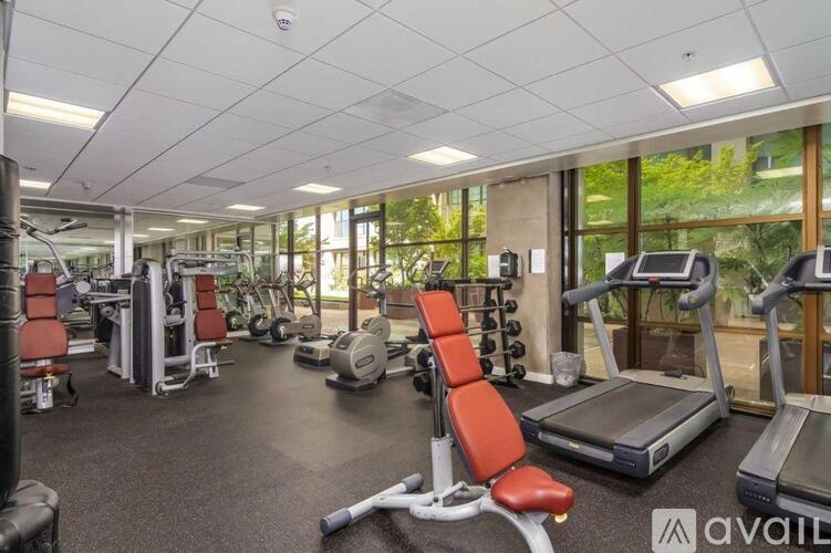 A gym with treadmills, weights, and exercise machines.