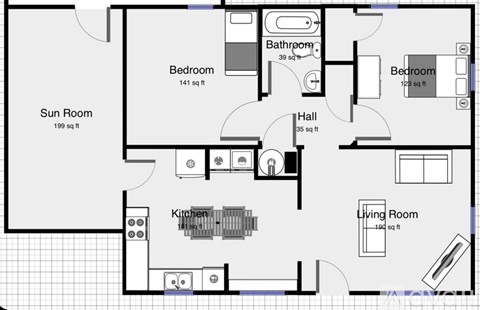 A floor plan of a house with a living room, kitchen, and three bedrooms.