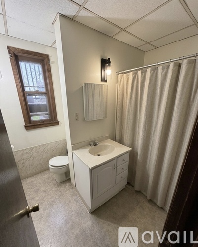 A bathroom with a toilet, sink, and shower curtain.