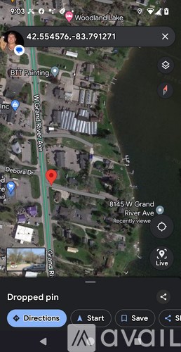 A map application is open on a phone screen, showing a location near Woodland Lake with a red pin on Grand River Ave.