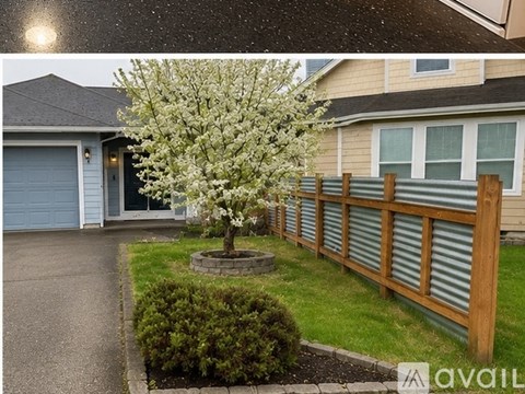 A tree with white blossoms is in the front yard of a house.