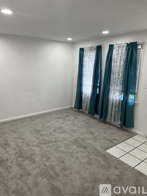 A room with grey carpet and a window with curtains.