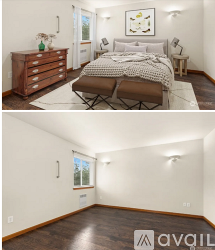 A bedroom with a bed, dresser, and chair.