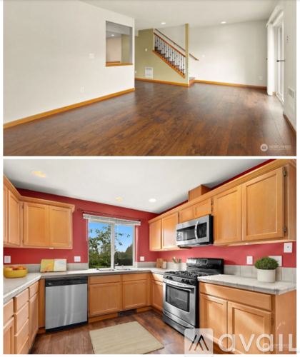 A kitchen with wooden cabinets and a stove top oven.