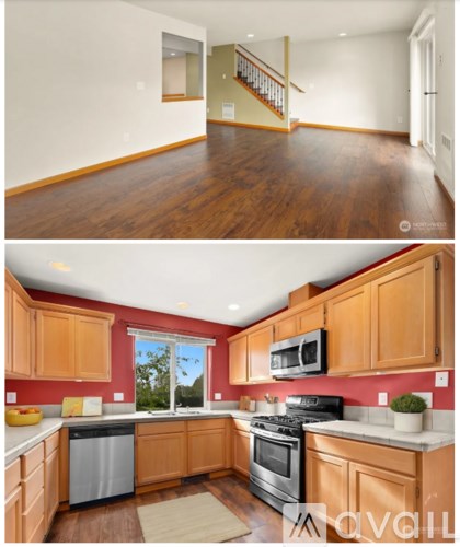 A kitchen with wooden cabinets and a stove top oven.