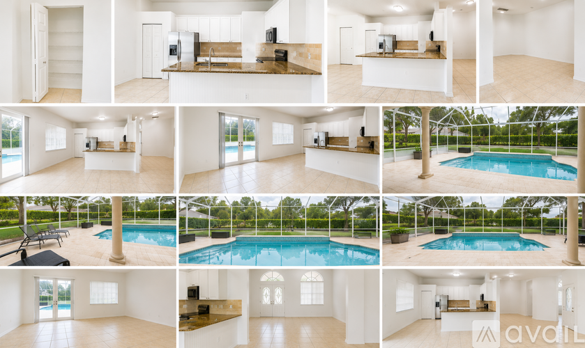 A collage of images showing various rooms and a pool in a house.