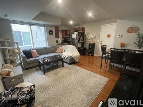 A living room with a grey sofa and a grey rug.