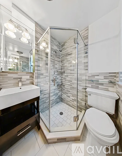 A modern bathroom with a walk-in shower and a toilet.
