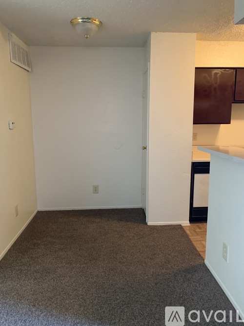 A room with a carpeted floor and a white wall.