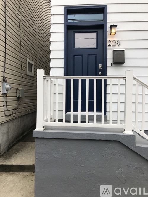 A blue door with a white railing and a number 229 above it.