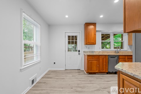 A kitchen with wooden cabinets and a white door.