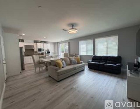 A living room with a black couch and a white sofa.