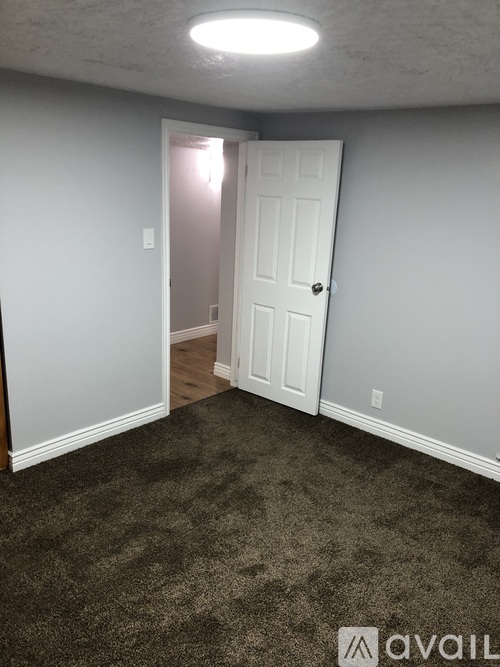 A room with a carpeted floor and a white door.