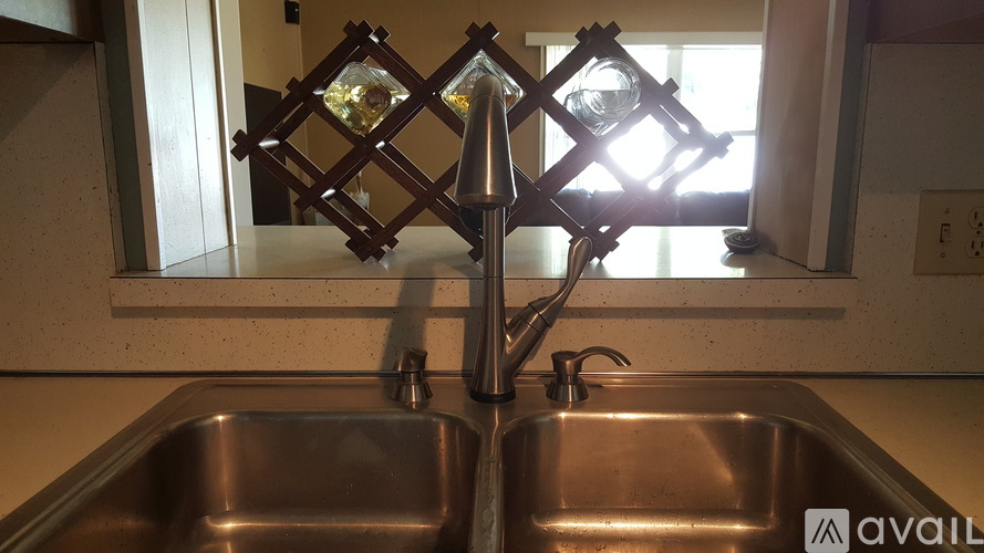 A kitchen sink with a silver faucet and a decorative object above it.