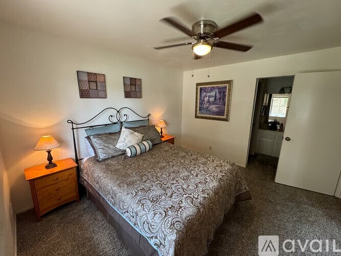 A bedroom with a bed, a ceiling fan, and a nightstand with a lamp.