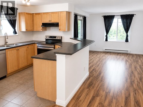 A kitchen with wooden cabinets and a black countertop.