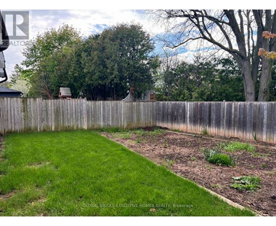 A backyard with a wooden fence and a green lawn.