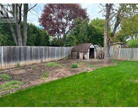 A backyard with a wooden fence and a small shed.