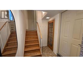 A hallway with a wooden staircase and a white door.