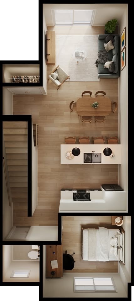 A series of images showing a top-down view of a living room, kitchen, and bathroom.