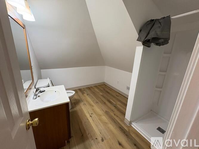 A bathroom with a toilet, sink, and wooden floors.