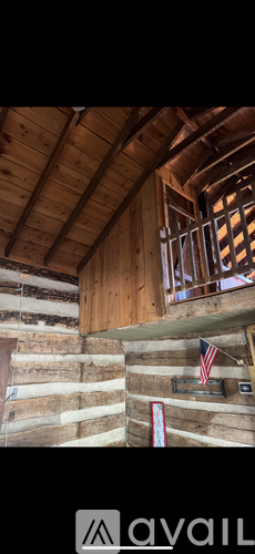 A wooden cabin with a flag on the wall.