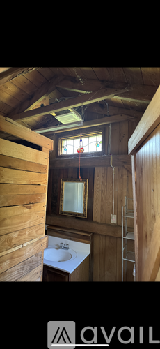 A bathroom with wooden walls and a window.