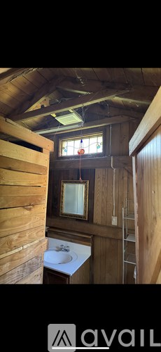 A bathroom with wooden walls and a window.