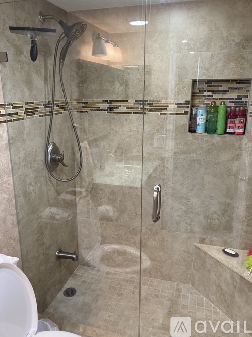 A shower area with a glass door and a glass shelf with bottles.