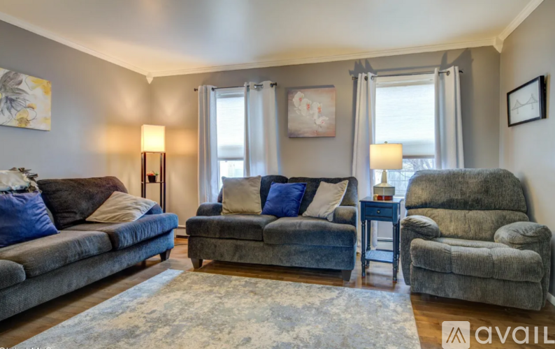 A living room with a grey sofa, a grey armchair, a grey ottoman, and a grey rug.