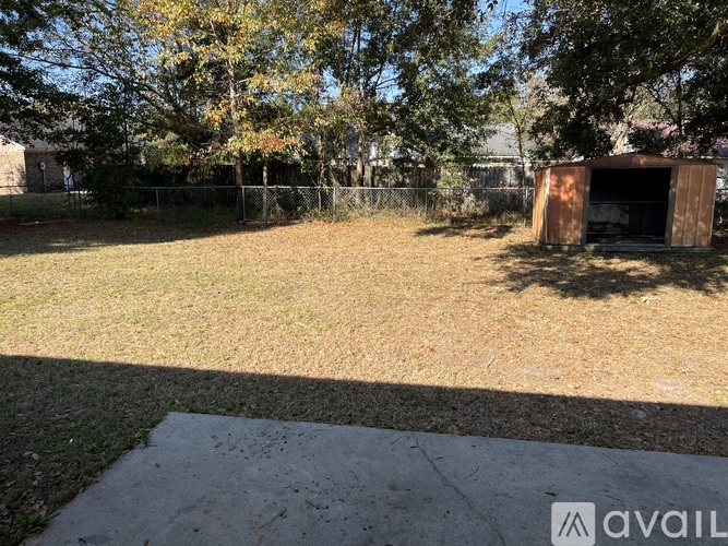 A backyard with a shed and a fence.