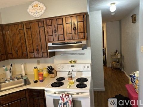 A kitchen with wooden cabinets and a stove top oven.
