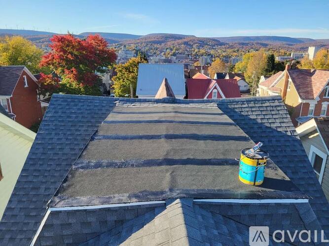 A roof with a bucket on it and houses in the background.