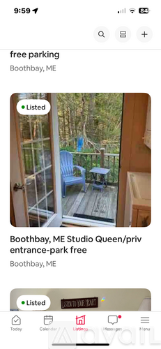 A listing for free parking at a studio entrance in Boothbay, ME.
