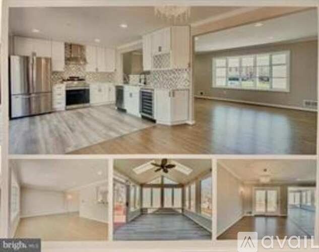 A collage of images showcasing a modern, spacious kitchen and living room area.