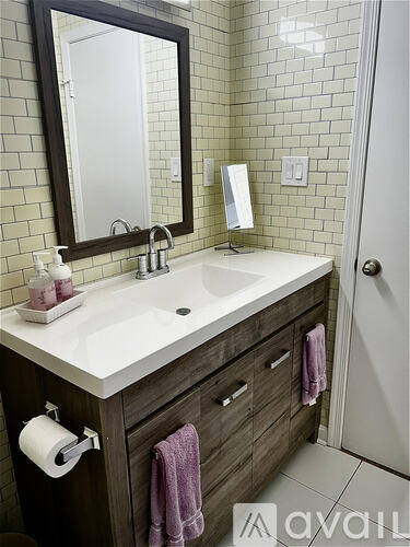 A bathroom with a white sink and a mirror above it.